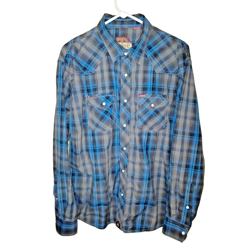 Rafter C Cowboy Western Pearl Snap Shirt XL Blue Black Plaid Snap Button Down